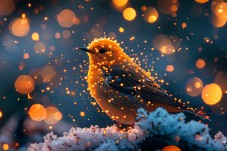 Magical Winter Scene with Glowing Robin in Snowfall Surrounded by Golden Bokeh Lights AI Generativeの素材