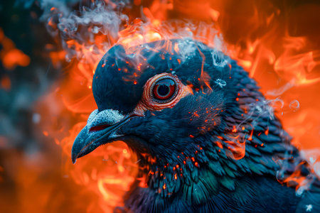 Intense Red and Blue Contrast Portrait of a Pigeon with Fiery Background, Urban Wildlife Photography AI Generativeの素材