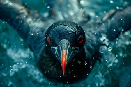 Close up Portrait of a Black Seabird with Striking Red Beak Swimming in Deep Blue Ocean Waters AI Generativeの素材