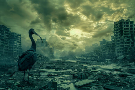 Apocalyptic Urban Landscape with Sole Crane Standing Amidst Ruins Under Stormy Sky AI Generativeの素材