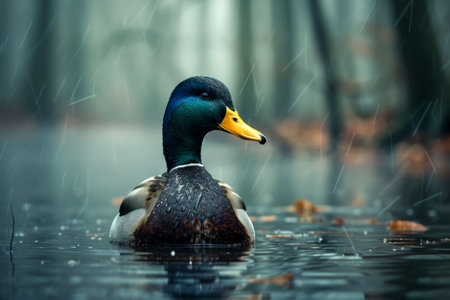 Majestic Mallard Duck Swimming Serenely in a Rain Drenched Forest Pond with Misty Ambiance AI Generativeの素材