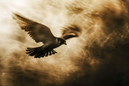 Majestic Bird in Flight Against a Dramatic Sky, Silhouette of a Soaring Eagle with Sunlight Filtering Through Clouds AI Generativeの素材