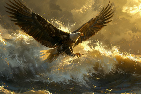 Majestic Eagle in Flight Over Stormy Sea Waves at Sunset with Dramatic Lighting and Clouds AI Generativeの素材