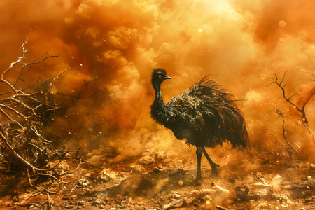 Majestic Emu Unperturbed by the Fiery Orange Blaze of a Wild Bushfire in an Untamed Wilderness AI Generativeの素材