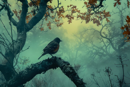 Misty Autumn Morning with Solitary Bird Perching on Tree Branch with Moody Atmosphere AI Generativeの素材