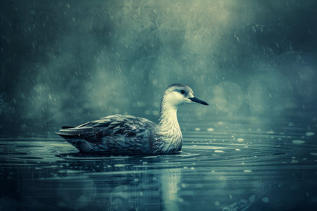 Serene Duck on Calm Water Majestic Bird in Tranquil Lake Scene with Misty Blue Tones and Soft Raindrops Creating Peaceful Atmosphere AI Generativeの素材