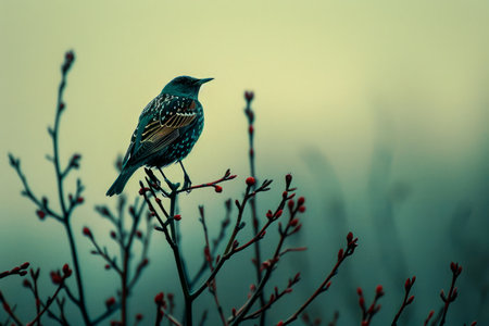 Solitary Bird Resting on a Berry Branch in a Dreamy Misty Landscape at Twilight AI Generativeの素材
