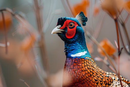Vibrant Common Pheasant with Colorful Plumage Peeking Through Autumn Branches in Natural Habitat AI Generativeの素材