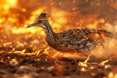 Majestic Wild Bird in Golden Hour Light, Wildlife Scene with Fiery Sparks and Nature Backdrop AI Generativeの素材