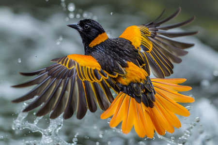 Vibrant Orange and Black Bird Taking Flight with Wings Spread Over Water AI Generativeの素材