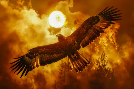 Majestic Eagle in Flight Against Dramatic Fiery Sky with Full Moon Nature Wildlife Concept AI Generativeの素材
