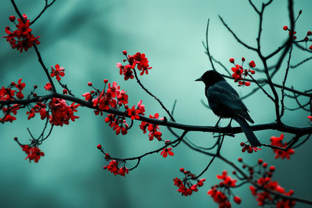 Serene Bird Perched on Blossoming Red Berry Branch in Moody Turquoise Tones Nature Wildlife Tranquility Concept AI Generativeの素材
