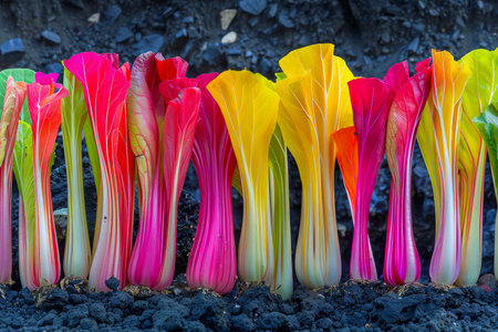 Vibrant Array of Colorful Calla Lily Flowers Showcased in Graduated Rainbow Hues Against a Dark Background AI Generativeの素材