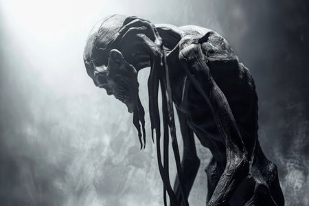 Dramatic Sculpture of Sorrowful Figure in Misty Atmosphere, Artistic Interpretation of Despair and Melancholy AI Generativeの素材