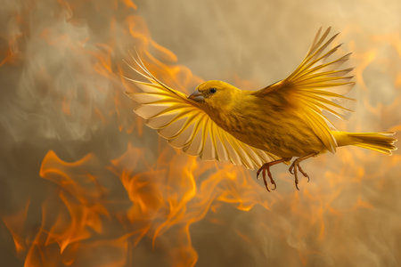 Majestic Yellow Bird Spreading Wings in Flight Against a Dramatic Fiery Background with Orange Flames and Smoke AI Generativeの素材