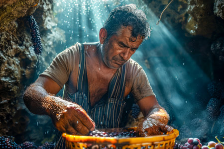 Traditional Grape Harvester Working Under Sun Rays in Rustic Vineyard Setting AI Generativeの素材