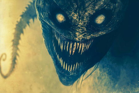 Mysterious Creature in Shadows with Menacing Eyes and Sharp Teeth, Fantasy Horror Concept Artwork AI Generativeの素材