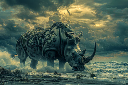 Majestic Rhino in a Surreal Oceanic Landscape with Stormy Skies and Dramatic Lighting Fantasy Art Composition AI Generativeの素材