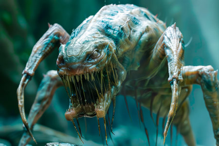 Macro Shot of a Realistic Model of a Spooky, Alien Creature with Sharp Fangs and Claws in a Misty Atmospheric Environment AI Generativeの素材