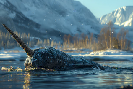 Majestic Narwhal Swimming in Arctic Ocean with Snow Covered Mountains in the Background AI Generativeの素材