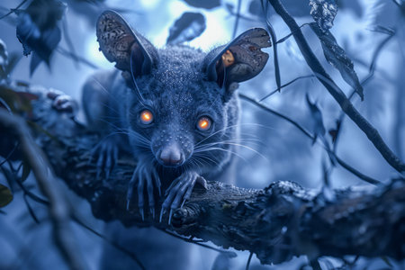 Mysterious Nocturnal Bushbaby with Glowing Eyes Perched on Tree Branch in Moonlit Forest AI Generativeの素材