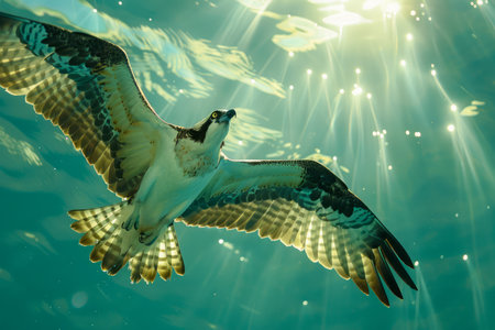 Majestic Osprey in Flight Underwater, Sunbeams Illuminating the Ocean Depths, Bird of Prey Gliding with Spread Wings, Aquatic Hunting Scene AI Generativeの素材