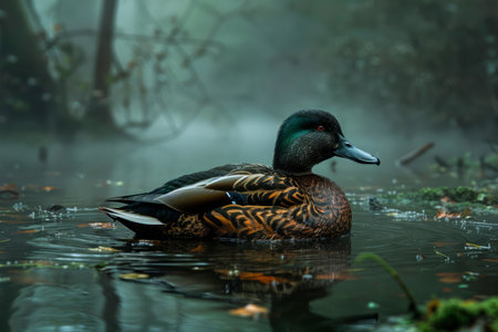 Serene Male Mallard Duck Floating on Misty Lake at Dawn with Lush Greenery AI Generativeの素材