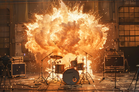 Energetic Rock Band Performance with Explosive Fireworks on Stage at a Concert AI Generativeの素材