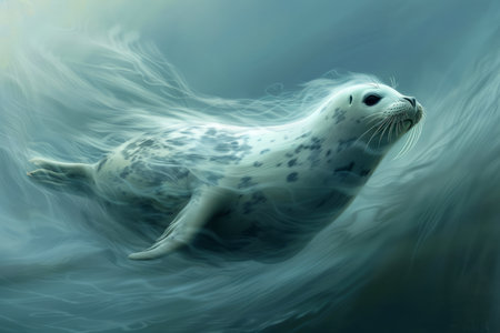 Majestic Seal Swimming Gracefully in Sunlit Underwater Scenery with Ethereal Oceanic Light Rays and Serene Marine Atmosphere AI Generativeの素材