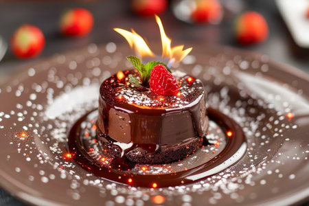 Elegant Chocolate Lava Cake with Fiery Flame on Top, Garnished with Fresh Strawberry on a Decorative Plate with Powdered Sugar AI Generativeの素材