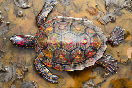 Close up of Painted Turtle on Autumn Leaves Background Showing Colorful Shell Patterns AI Generativeの素材