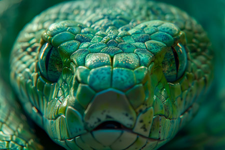Close Up of Green Snake with Intricate Scales and Piercing Eyes in a Natural Setting AI Generativeの素材