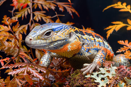 Colorful Lizard Resting Among Autumn Leaves in Natural Habitat, Vivid Reptile Closeup with Vibrant Foliage AI Generativeの素材