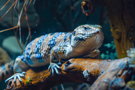 Close Up View of a Majestic Blue Lizard Basking on a Sunlit Branch in a Natural Habitat AI Generativeの素材