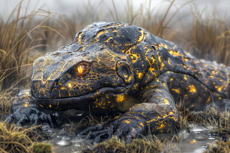 Close up of an Exotic Bejeweled Lizard Camouflaged in Natural Habitat on a Misty Day AI Generativeの素材