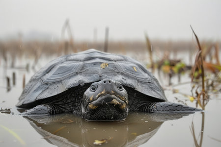 Close up View of a Wild Turtle with Wet Shell in its Natural Marsh Habitat on a Cloudy Day AI Generativeの素材