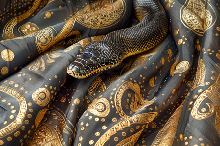 Elegant Black Serpent with Golden Patterns on Rich Textured Fabric Luxurious Wildlife Fashion Concept AI Generativeの素材