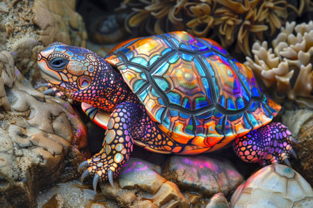Colorful Artistic Illustration of a Turtle Against a Natural Textured Background for Creative Use AI Generativeの素材