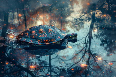 Enchanted Forest Scene with Illuminated Turtle among Twinkling Lights and Misty Atmosphere AI Generativeの素材