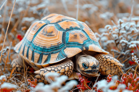 Land Tortoise on Dry Grassland, Exotic Reptile in Natural Habitat, Detailed Shell Texture, Wildlife Photography AI Generativeの素材