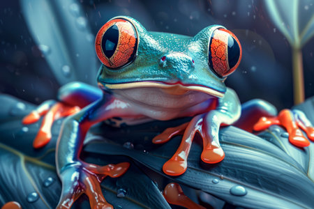 Vibrant Close up of a Red eyed Tree Frog Perched on Rainforest Foliage with Water Droplets AI Generativeの素材