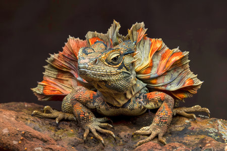 Majestic Frilled Lizard Displaying Vibrant Orange and Red Fan on a Brown Rock with Dark Background AI Generativeの素材