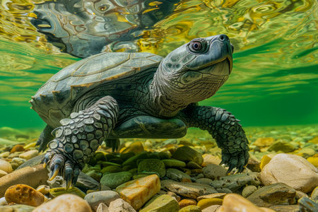 Underwater View of a Single Turtle Swimming Above Rocky Riverbed with Sunlight Filtering Through Water AI Generativeの素材