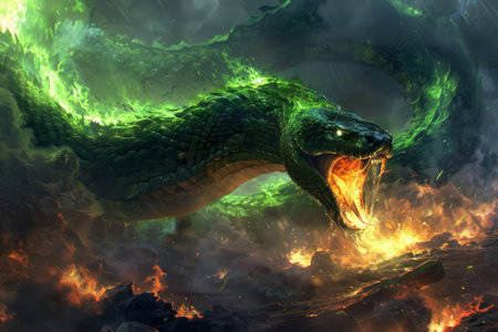 Majestic Green Fire Breathing Dragon Soaring Through Stormy Skies Fantasy Art Illustration AI Generativeの素材