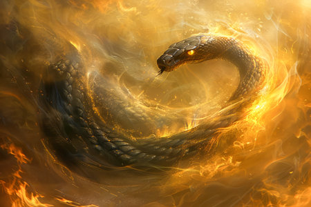 Majestic Mythical Serpent Coiling in a Fiery Inferno, Fantasy Dragon Like Creature in Flames AI Generativeの素材