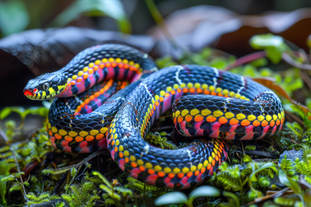 Vibrant Tropical Coral Snake Coiled on Lush Green Moss in Natural Habitat AI Generativeの素材