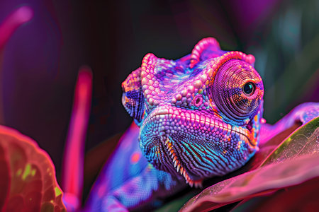 Vibrant Chameleon Close Up on Tropical Leaf, Exotic Lizard in Vivid Neon Colors with Artistic Background AI Generativeの素材