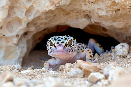 Wild Leopard Gecko Lurking in Natural Habitat Rocky Cave Closeup with Vivid Details and Natural Background AI Generativeの素材