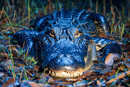Majestic Alligator Lying In Wait Among Wetland Foliage at Dusk Wildlife in Natural Habitat AI Generativeの素材