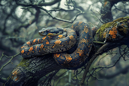 Vibrant Boa Constrictor Camouflaged on Moss Covered Branch in Misty Forest AI Generativeの素材